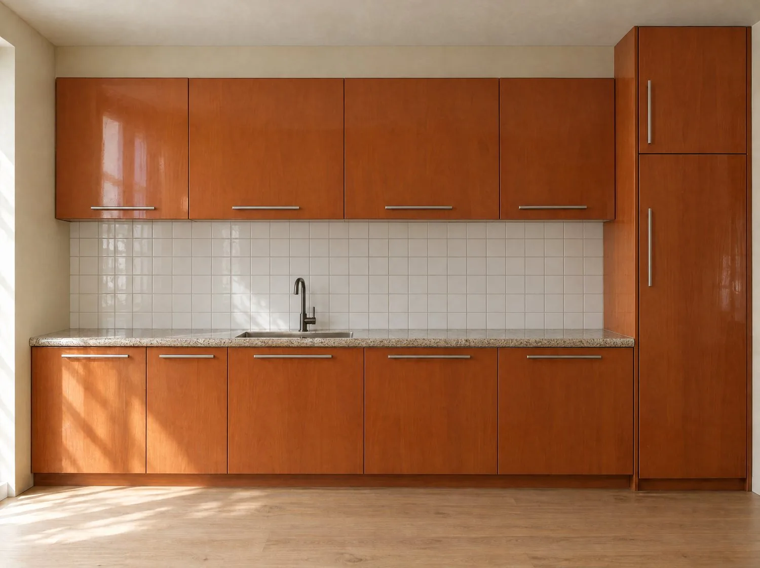 Cuisine avant : façades en stratifié merisier brillant, poignées chromées, carrelage blanc et plan stratifié moucheté.