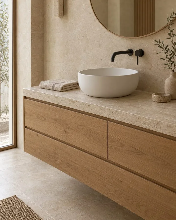 Meuble vasque en chêne avec plan effet travertin.